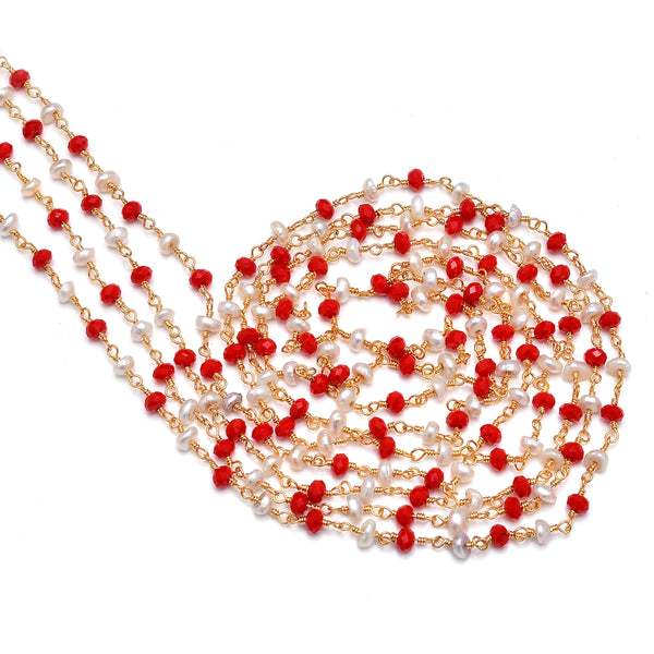 Red Coral Quartz and freshwater pearl gemstone faceted rondelle bead 3mm rosary chain 24k gold plated over silver, women jewelry making necklaces, earrings, anklets, and bracelets.