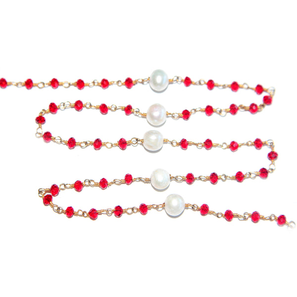 Red Garnet and freshwater pearl gemstone faceted rondelle bead 3mm rosary chain 24k gold plated over silver, women jewelry making necklaces, earrings, anklets, and bracelets.