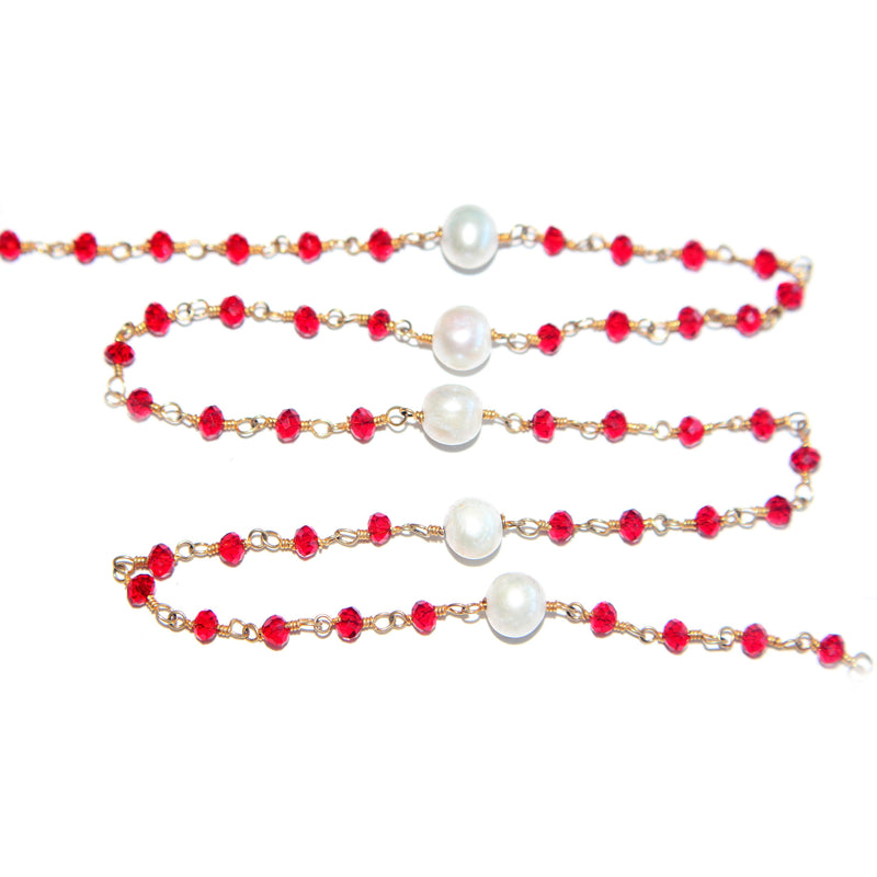Red Garnet and freshwater pearl gemstone faceted rondelle bead 3mm rosary chain 24k gold plated over silver, women jewelry making necklaces, earrings, anklets, and bracelets.