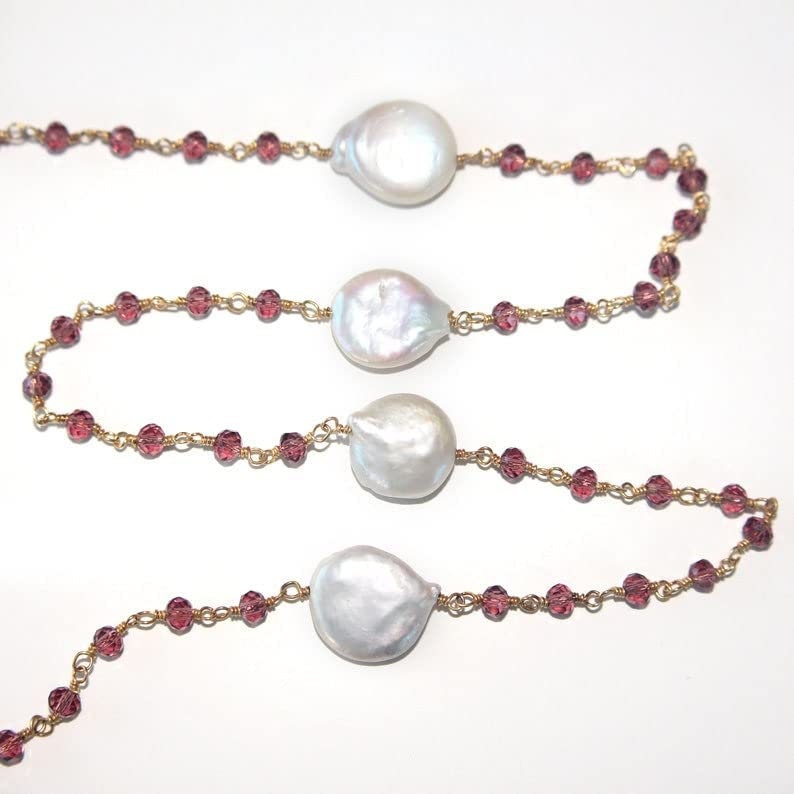 Rhodolite Garnet and freshwater pearl gemstone faceted rondelle bead 3mm rosary chain 24k gold plated over silver, women jewelry making necklaces, earrings, anklets, and bracelets.