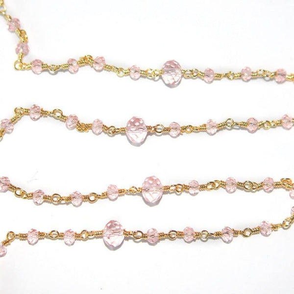 Rose Quartz gemstone faceted rondelle bead 3-4mm rosary chain 24k gold plated over silver, women jewelry making necklaces, earrings, anklets, and bracelets.