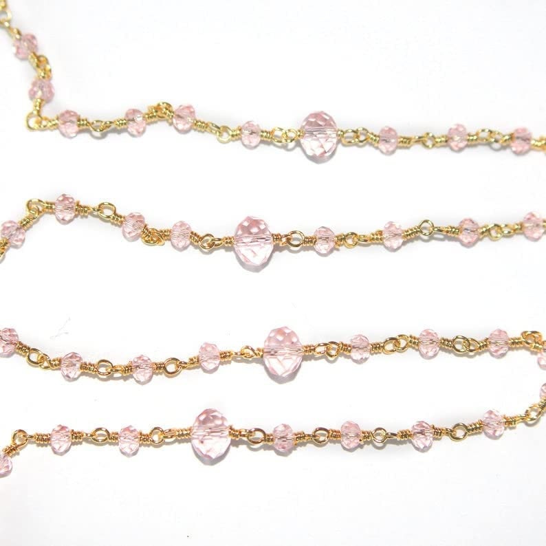 Rose Quartz gemstone faceted rondelle bead 3-4mm rosary chain 24k gold plated over silver, women jewelry making necklaces, earrings, anklets, and bracelets.