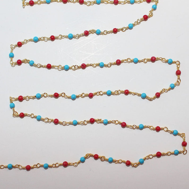 Red Coral Quartz and Turquoise gemstone smooth rondelle bead 1.5-2mm rosary chain 24k gold plated over silver, women jewelry making necklaces, earrings, anklets, and bracelets.