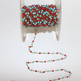Red Coral Quartz and Turquoise gemstone smooth rondelle bead 3mm rosary chain 24k gold plated over silver, women jewelry making necklaces, earrings, anklets, and bracelets.