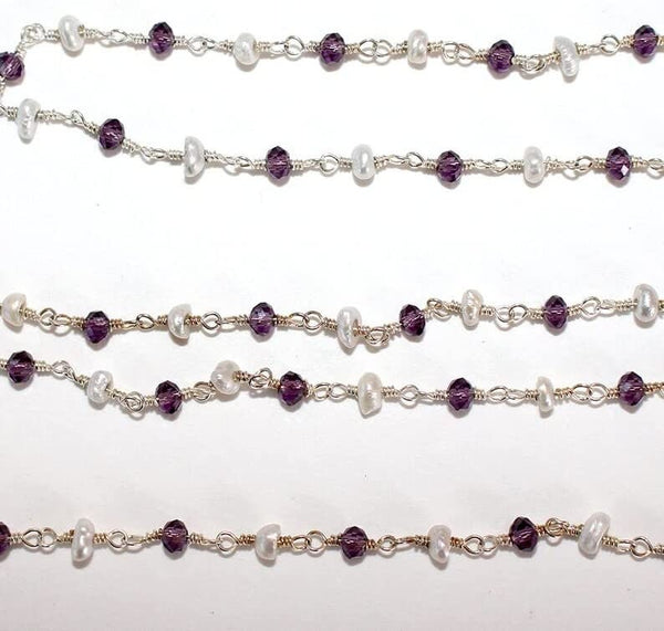Amethyst and freshwater pearl gemstone faceted rondelle bead 3mm rosary coin chain silver, women jewelry making necklaces, earrings, anklets, and bracelets.
