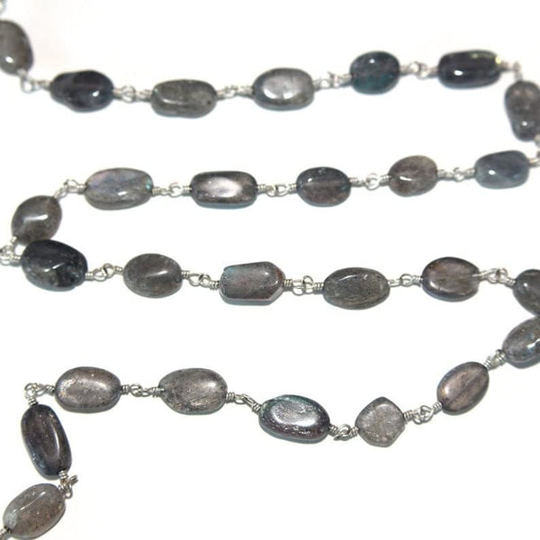 labradorite oval natural semi-precious gemstone beads silver rosary chain for a necklace, earrings, anklet, and bracelet making.