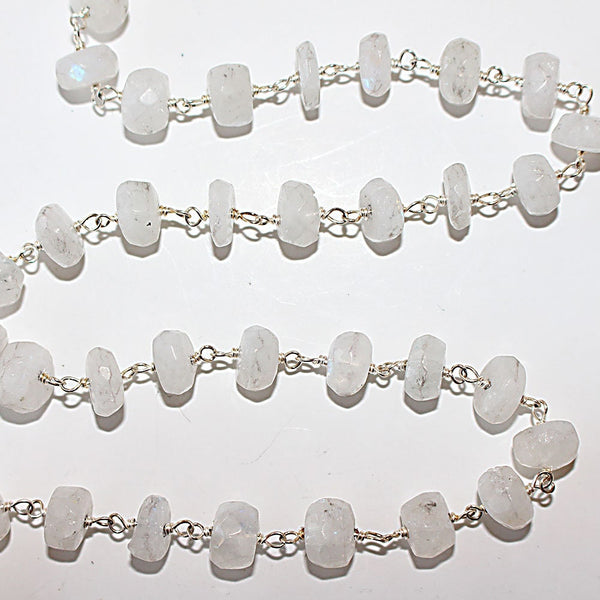rainbow moonstone natural semi-precious gemstone beads silver rosary chain for a necklace, earrings, anklet, and bracelet making.