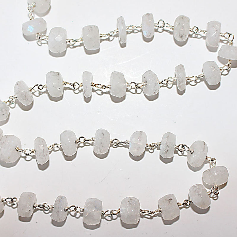 rainbow moonstone natural semi-precious gemstone beads silver rosary chain for a necklace, earrings, anklet, and bracelet making.