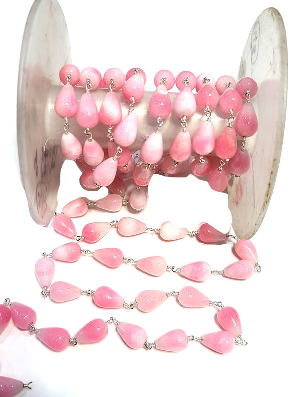 pink opal teardrop natural semi-precious gemstone beads silver rosary chain for a necklace, earrings, anklet, and bracelet making.