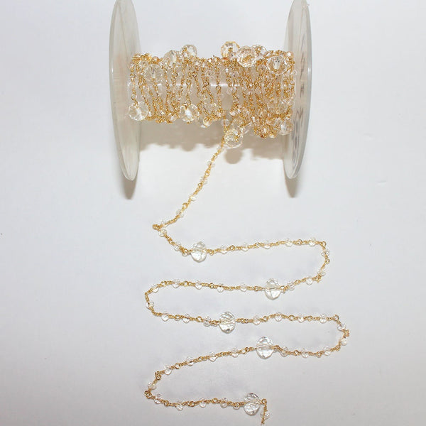Clear Quartz gemstone faceted rondelle bead 3-4mm rosary coin chain 24k gold plated over silver, women jewelry making necklaces, earrings, anklets, and bracelets.