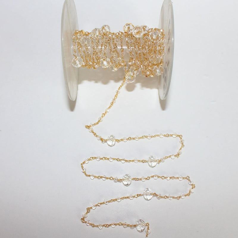 Clear Quartz gemstone faceted rondelle bead 3-4mm rosary coin chain 24k gold plated over silver, women jewelry making necklaces, earrings, anklets, and bracelets.