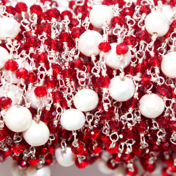 Red Garnet and freshwater pearl gemstone faceted rondelle bead 3mm rosary chain silver, women jewelry making necklaces, earrings, anklets, and bracelets.