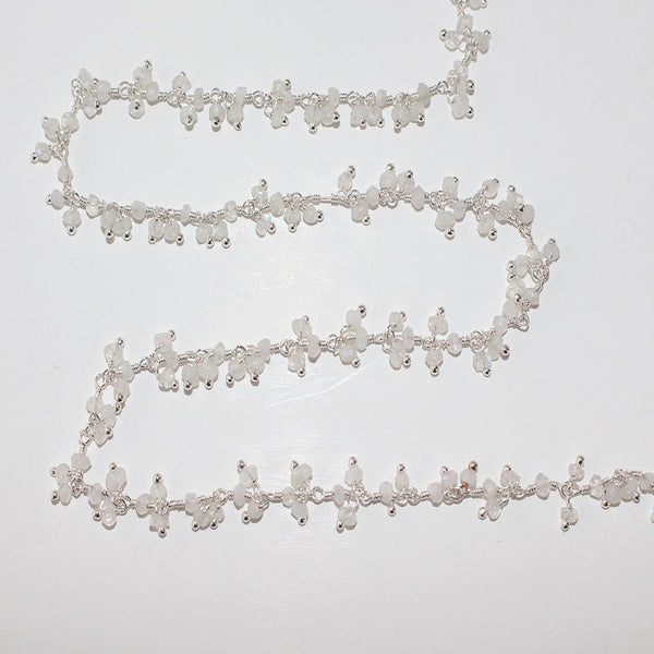 rainbow moonstone natural semi-precious gemstone beads silver rosary chain for a necklace, earrings, anklet, and bracelet making.