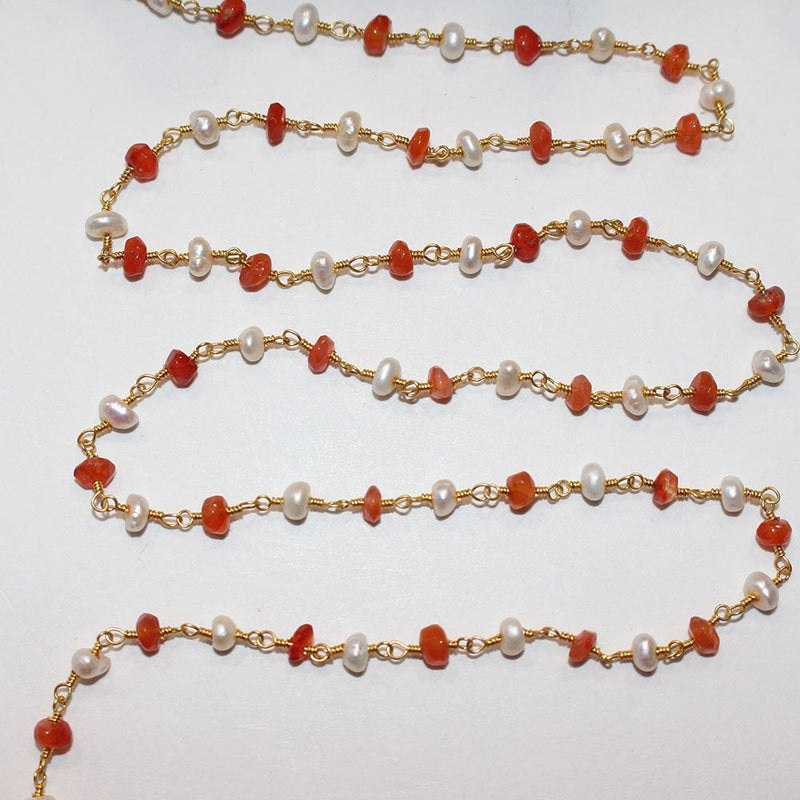 Carnelian and freshwater pearl natural gemstone faceted rondelle bead rosary coin chain 24k gold plated over silver, women jewelry making necklaces, earrings, anklets, and bracelets.