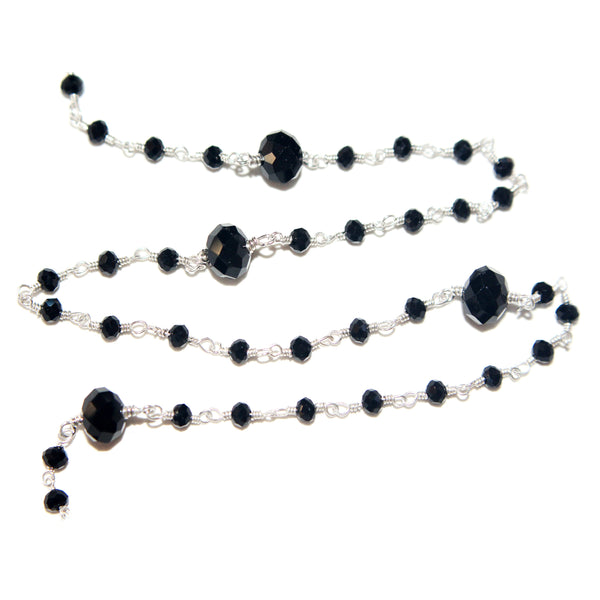 black spinel natural semi-precious gemstone beads silver rosary chain for a necklace, earrings, anklet, and bracelet making.