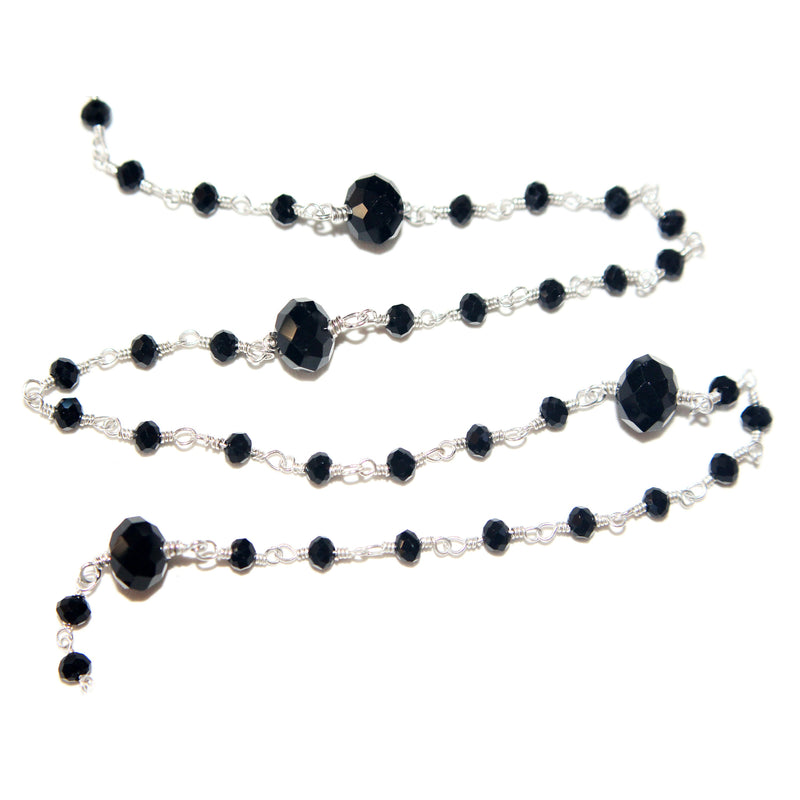 black spinel natural semi-precious gemstone beads silver rosary chain for a necklace, earrings, anklet, and bracelet making.