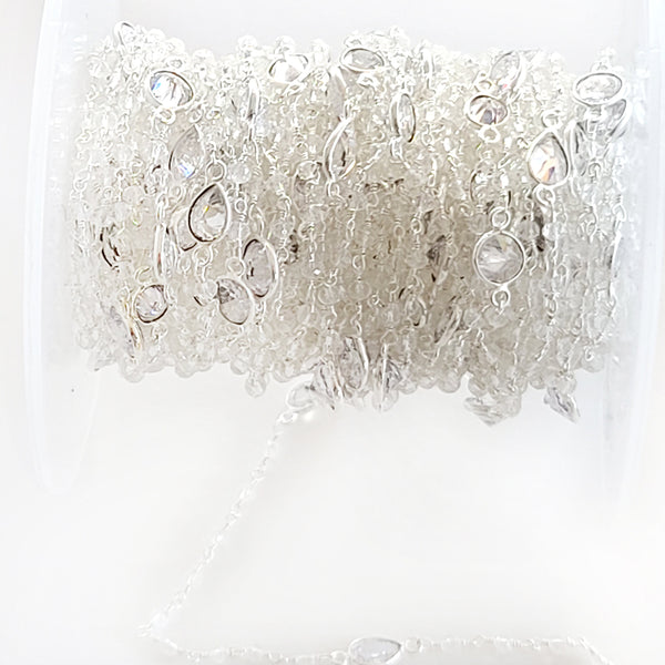 clear quartz bezel bazari natural semi-precious gemstone beads silver rosary chain for a necklace, earrings, anklet, and bracelet making.