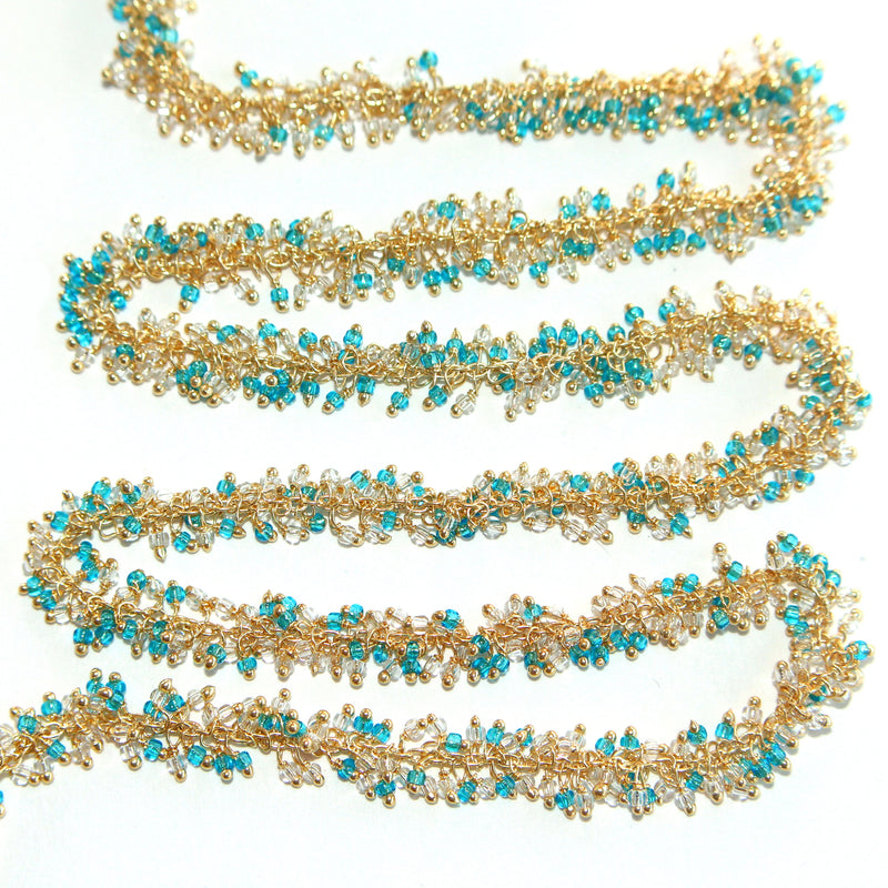 blue topaz clear smooth semi-precious gemstone beads 24k gold plated over silver rosary chain for a necklace, earrings, anklet, and bracelet making.