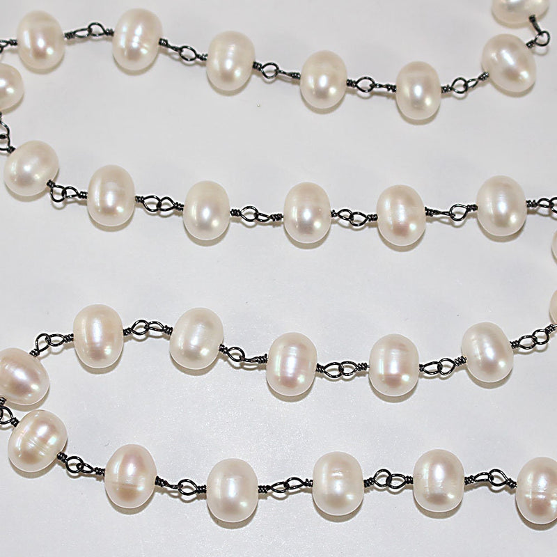 freshwater pearl semi-precious gemstone beads black oxidized antique rosary chain for a necklace, earrings, anklet, and bracelet making.