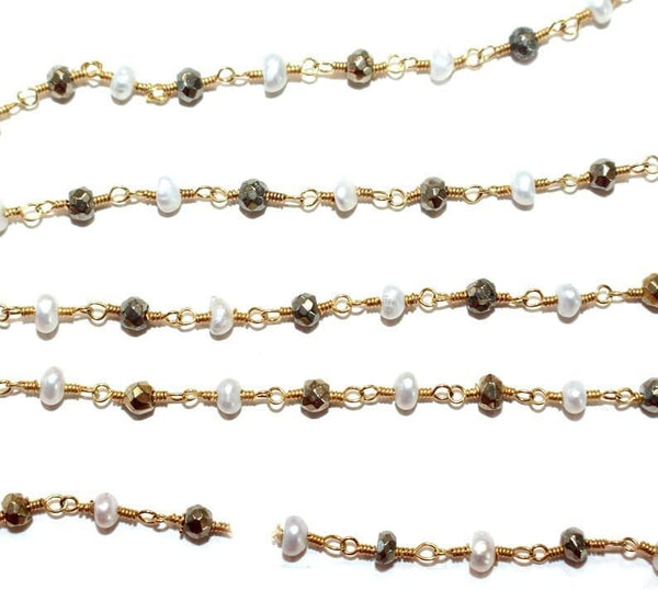 pyrite & freshwater pearl semi-precious gemstone beads 24k gold plated over silver rosary chain for a necklace, earrings, anklet, and bracelet making.