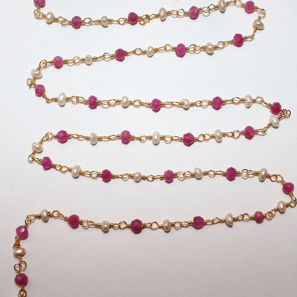 ruby & freshwater pearl semi-precious gemstone beads 24k gold plated over silver rosary chain for a necklace, earrings, anklet, and bracelet making.