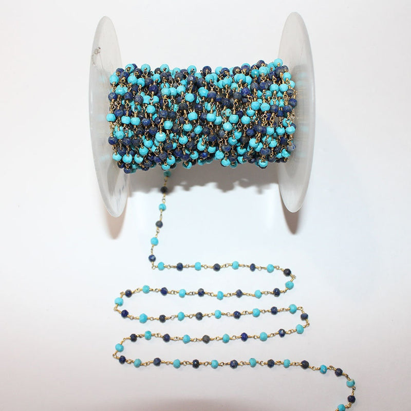 turquoise & lapis lazuli semi-precious gemstone beads 24k gold plated over silver rosary chain for a necklace, earrings, anklet, and bracelet making.