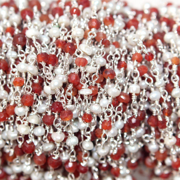 carnelian & Freshwater Pearl semi-precious gemstone beads 24k gold plated over silver rosary chain for a necklace, earrings, anklet, and bracelet making.