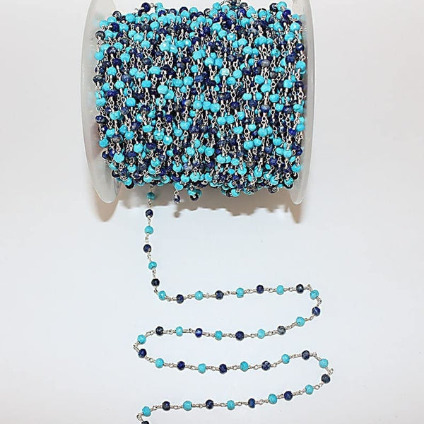 turquoise & lapis lazuli semi-precious gemstone beads 24k gold plated over silver rosary chain for a necklace, earrings, anklet, and bracelet making.