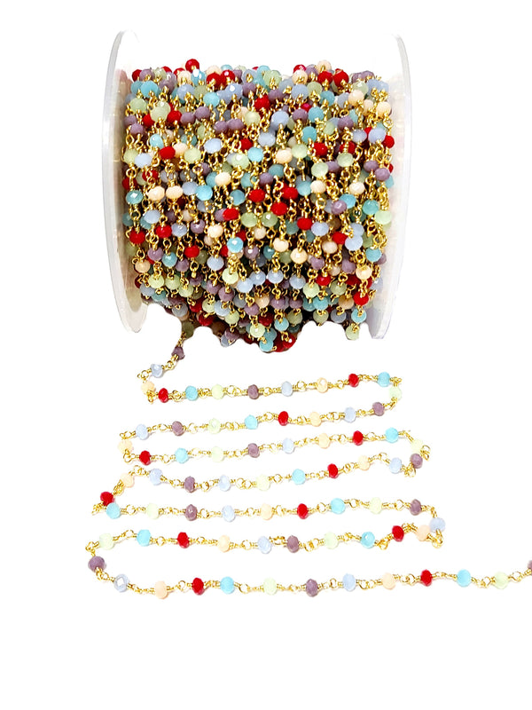 dark multi color gemstone bead chain 24k gold plated over silver, women jewelry making necklaces, earrings, and bracelets bead chain.