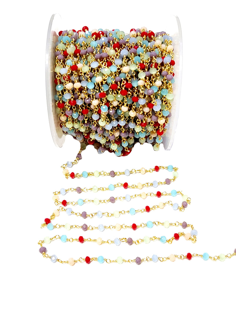 dark multi color gemstone bead chain 24k gold plated over silver, women jewelry making necklaces, earrings, and bracelets bead chain.