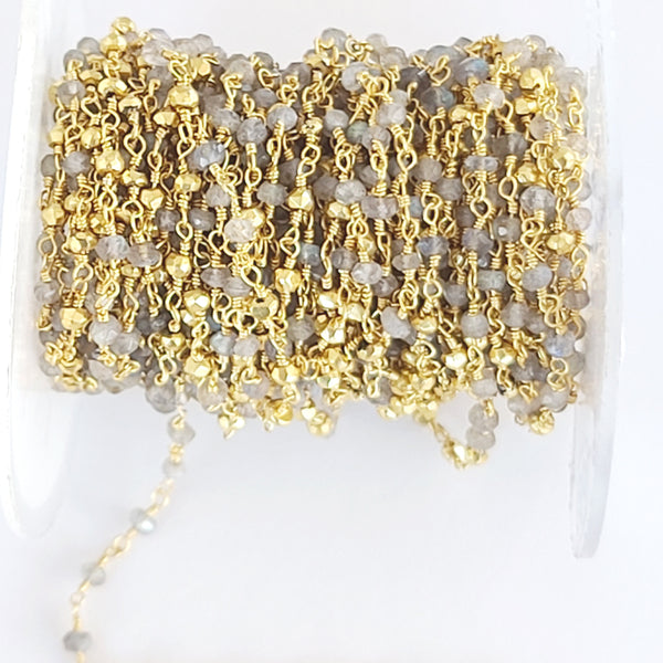 labradorite pyrite semi-precious gemstone beads 24k gold plated over silver rosary chain for a necklace, earrings, anklet, and bracelet making.