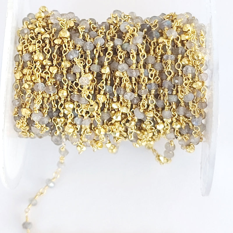 labradorite pyrite semi-precious gemstone beads 24k gold plated over silver rosary chain for a necklace, earrings, anklet, and bracelet making.