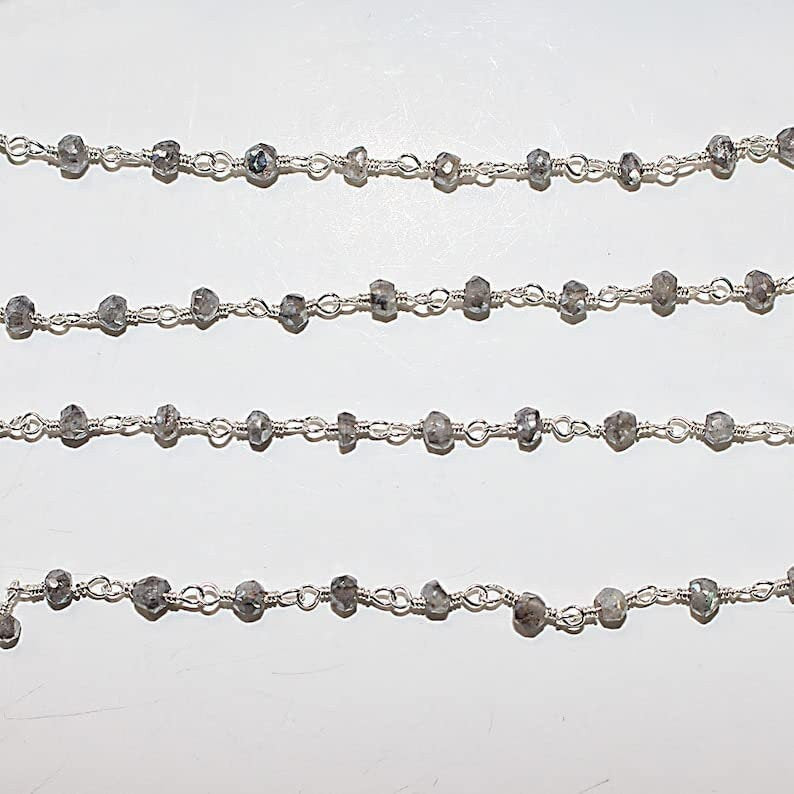labradorite mystic natural semi-precious gemstone beads silver rosary chain for a necklace, earrings, anklet, and bracelet making.