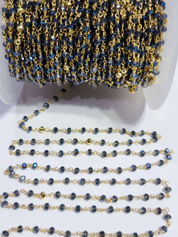 dark mystic coated semi-precious gemstone beads 24k gold plated over silver rosary chain for a necklace, earrings, anklet, and bracelet making.