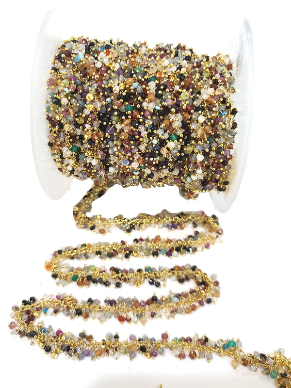 multi color semi-precious gemstone beads 24k gold plated over silver rosary chain for a necklace, earrings, anklet, and bracelet making.
