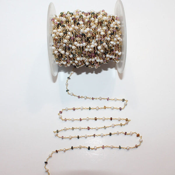 multi tourmaline semi-precious gemstone beads 24k gold plated over silver rosary chain for a necklace, earrings, anklet, and bracelet making.