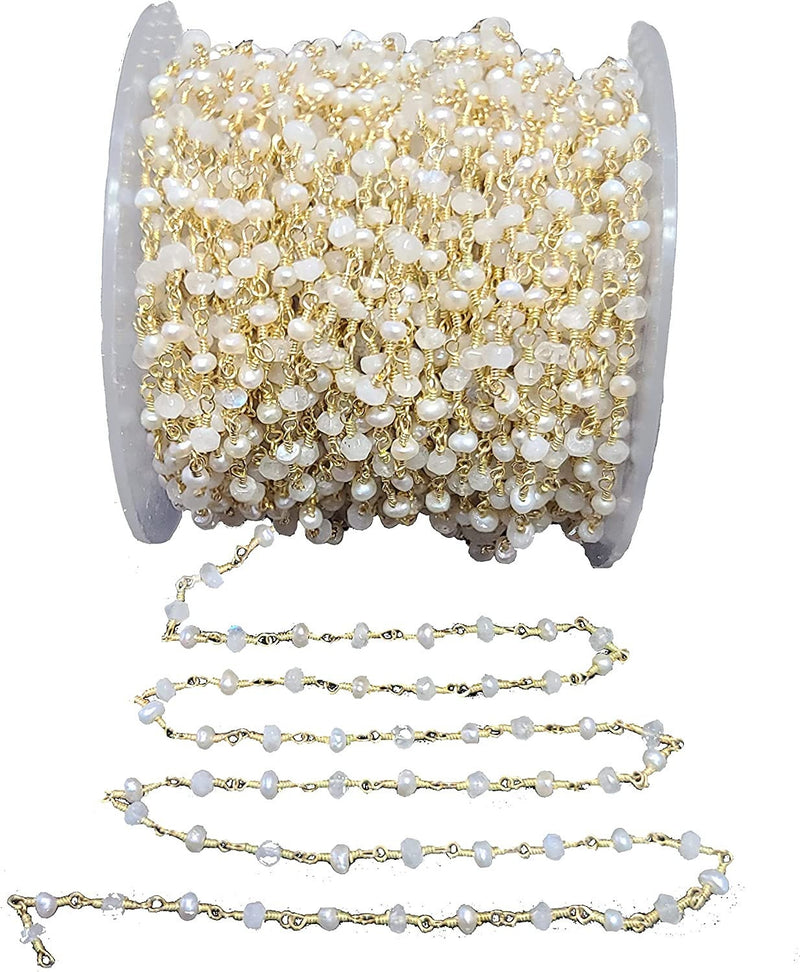 rainbow moonstone & freshwater pearl semi-precious gemstone beads 24k gold plated over silver rosary chain for a necklace, earrings, anklet, and bracelet making.