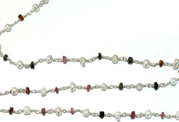 multi tourmaline & freshwater pearl semi-precious gemstone beads 24k gold plated over silver rosary chain for a necklace, earrings, anklet, and bracelet making.