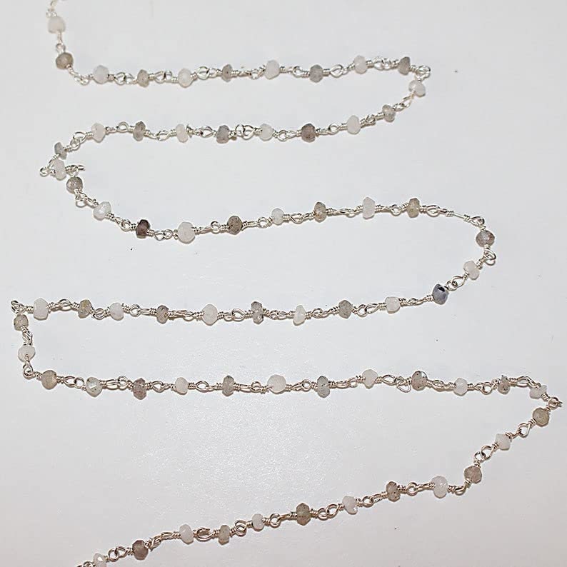 rainbow moonstone & labradorite semi-precious gemstone beads 24k gold plated over silver rosary chain for a necklace, earrings, anklet, and bracelet making.