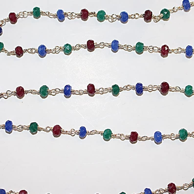 ruby emerald blue sapphire semi-precious gemstone beads 24k gold plated over silver rosary chain for a necklace, earrings, anklet, and bracelet making.