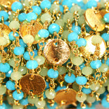 blue peruvian chalcedony gemstone bead chain 24k gold plated over silver, women jewelry making necklaces, earrings, and bracelets bead chain.