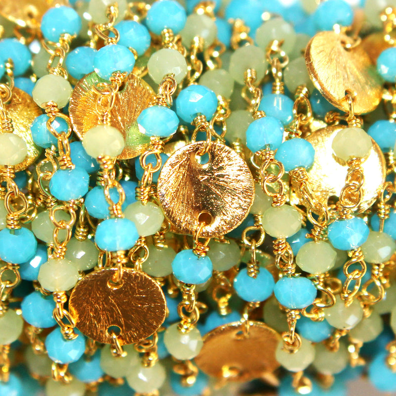 blue peruvian chalcedony gemstone bead chain 24k gold plated over silver, women jewelry making necklaces, earrings, and bracelets bead chain.