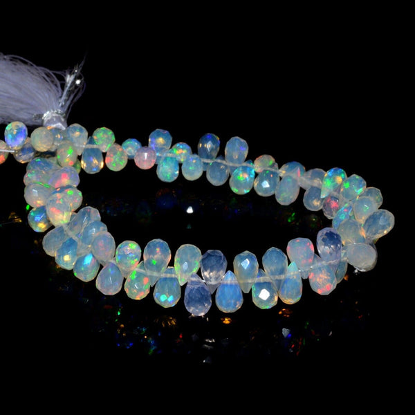 Natural Ethiopian Welo Opal Faceted Drop Beads – AAA White Fire, 4 Inch Strand | October Birthstone