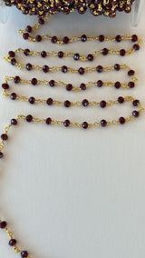 Red Garnet Rosary Chain: 24K Gold Plated Sterling Silver, 3mm Beaded