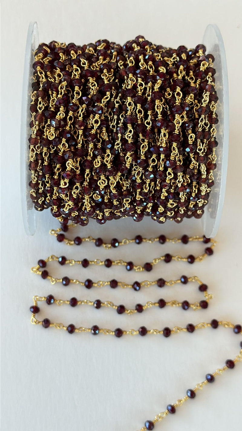 Red Garnet Rosary Chain: 24K Gold Plated Sterling Silver, 3mm Beaded