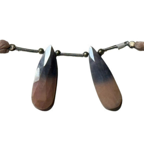 Pear Faceted Moonstone Bead Pair, Black Pink Coated Gemstone (9x25mm)