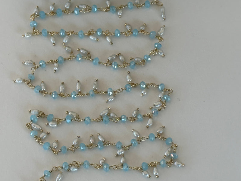 Blue Peruvian Chalcedony Beaded Handmade Rosary Chain 24K gold plated over silver Women Jewelry Making Necklace Chain Anklet Wholesale Price