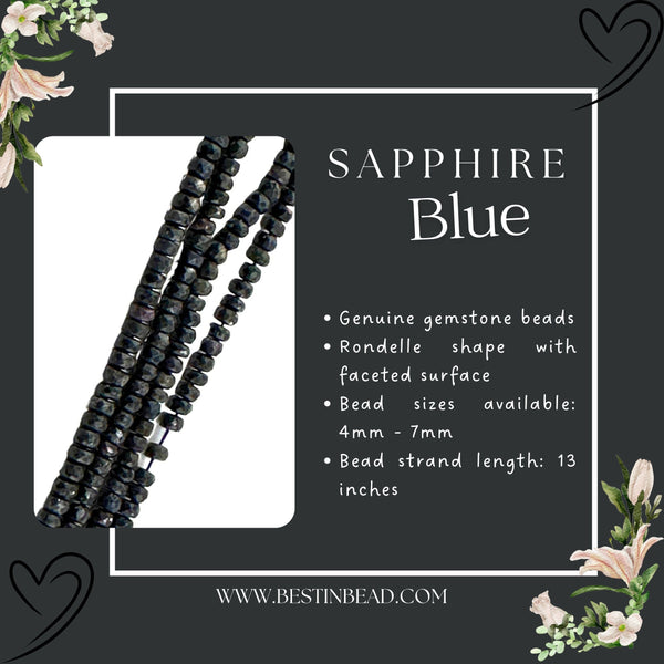 Blue Sapphire Smooth Rondelle Gemstone Beads - Natural Semi Precious Bead Strand - Sizes 2mm to 7mm - Jewelry Making Supplies