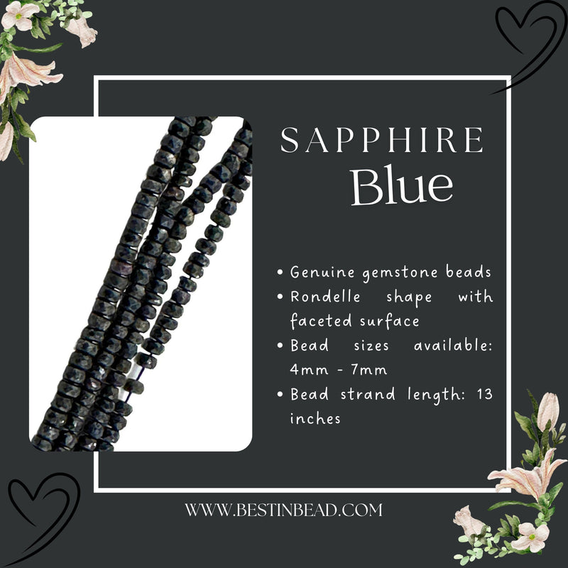 Blue Sapphire Smooth Rondelle Gemstone Beads - Natural Semi Precious Bead Strand - Sizes 2mm to 7mm - Jewelry Making Supplies