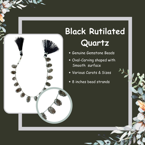 Natural Black Rutilated Quartz Smooth Oval Beads – 8 Inch Strand | Jewelry Making Supplies